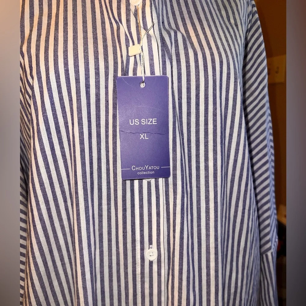 Chouytou button down shirt dress blue & white stripes, side pockets, split hem - Picture 4 of 16